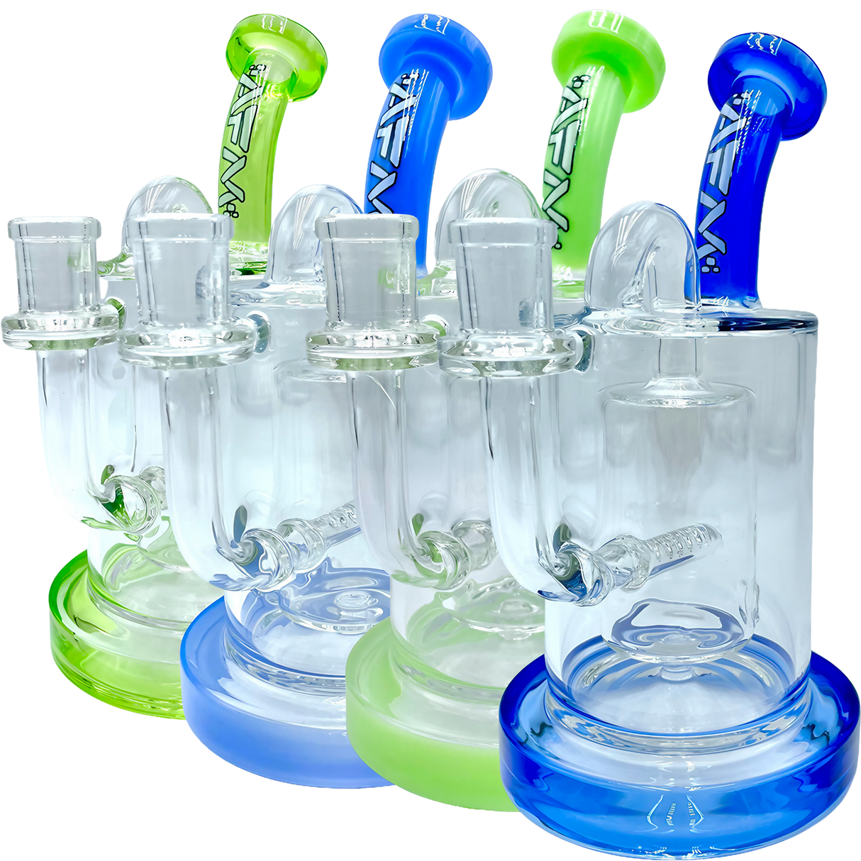 AFM The Pump Recycler Dab Rigs in various colors with in-line percolator, 8" tall, front view