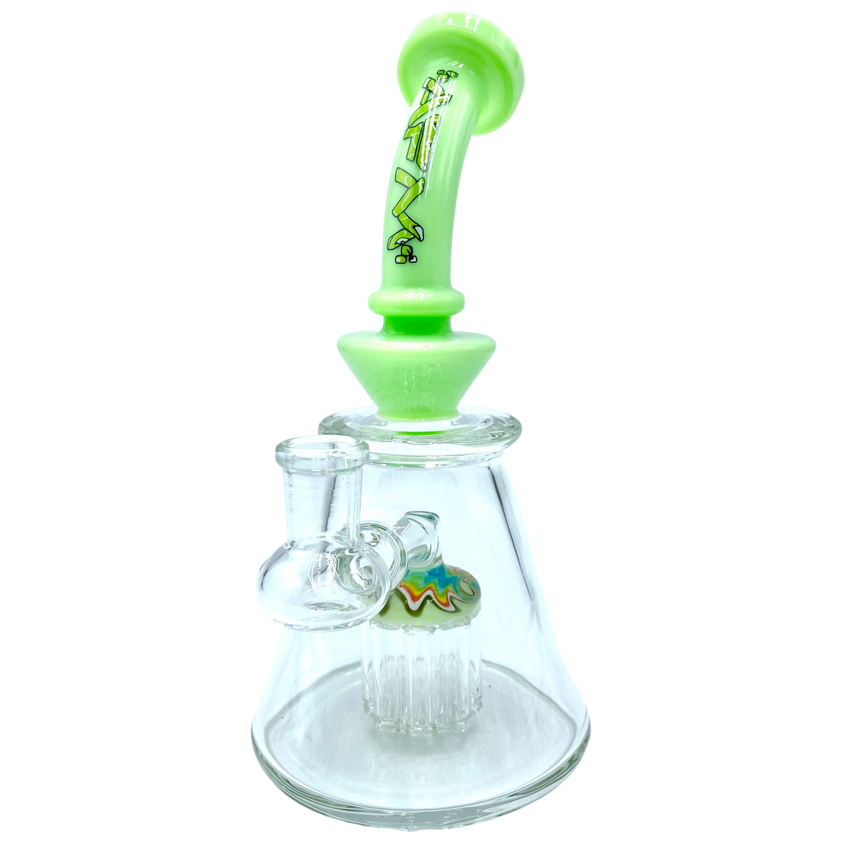 AFM The Reversal 8 Arm Rig in Slime variant, 8" tall with a clear beaker base and percolator, front view