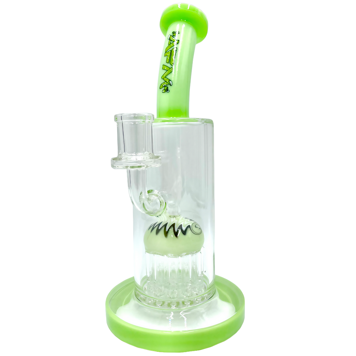 AFM The Reversal Arm Rig in Slime variant, 10" tall, with percolator, front view on white background