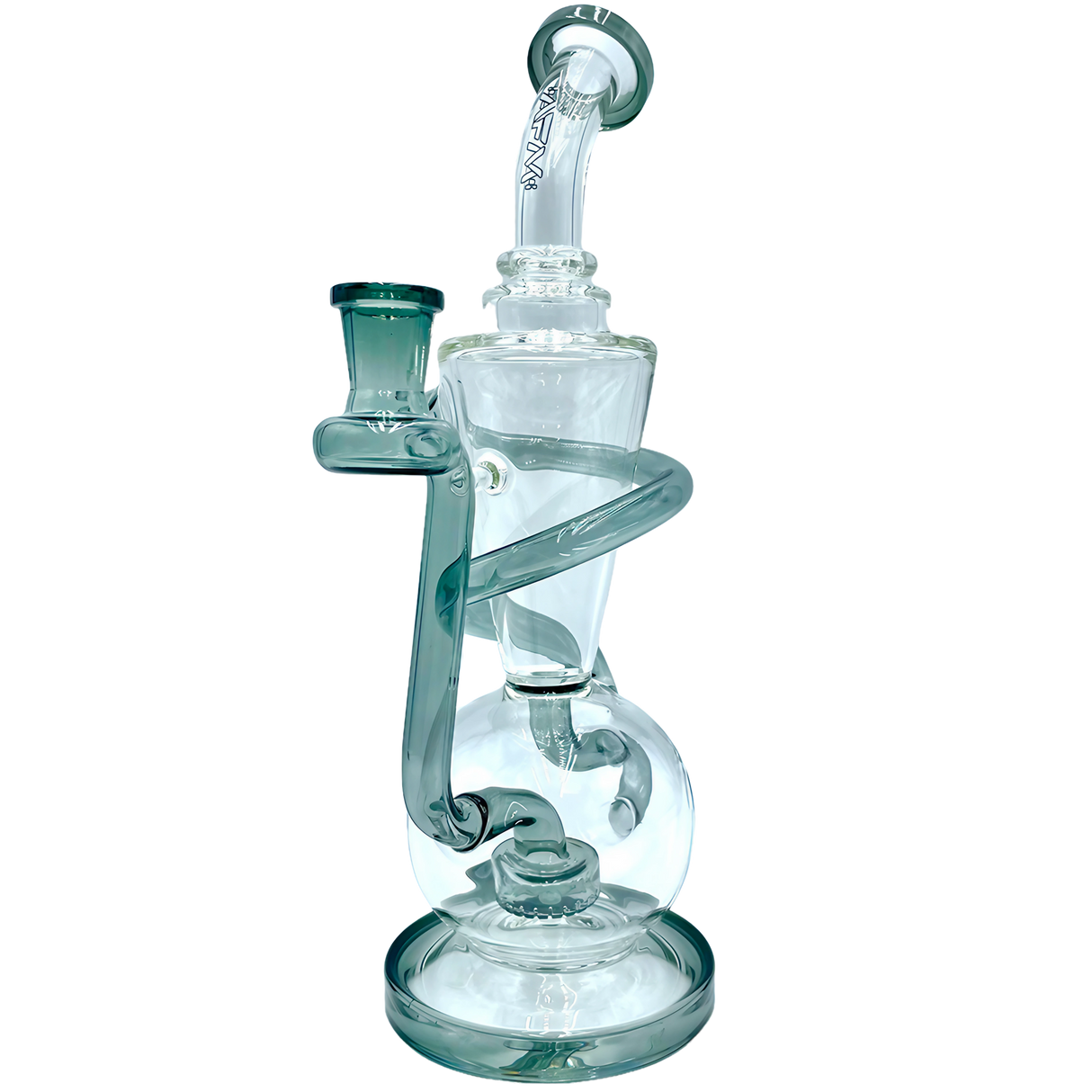 AFM The Swirly Wiry Recycler, 10.5" tall, with showerhead percolator for smooth dabs, front view on white