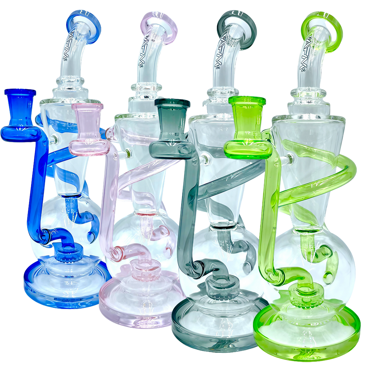 AFM The Swirly Wiry Recycler Dab Rigs in various colors with showerhead percolators