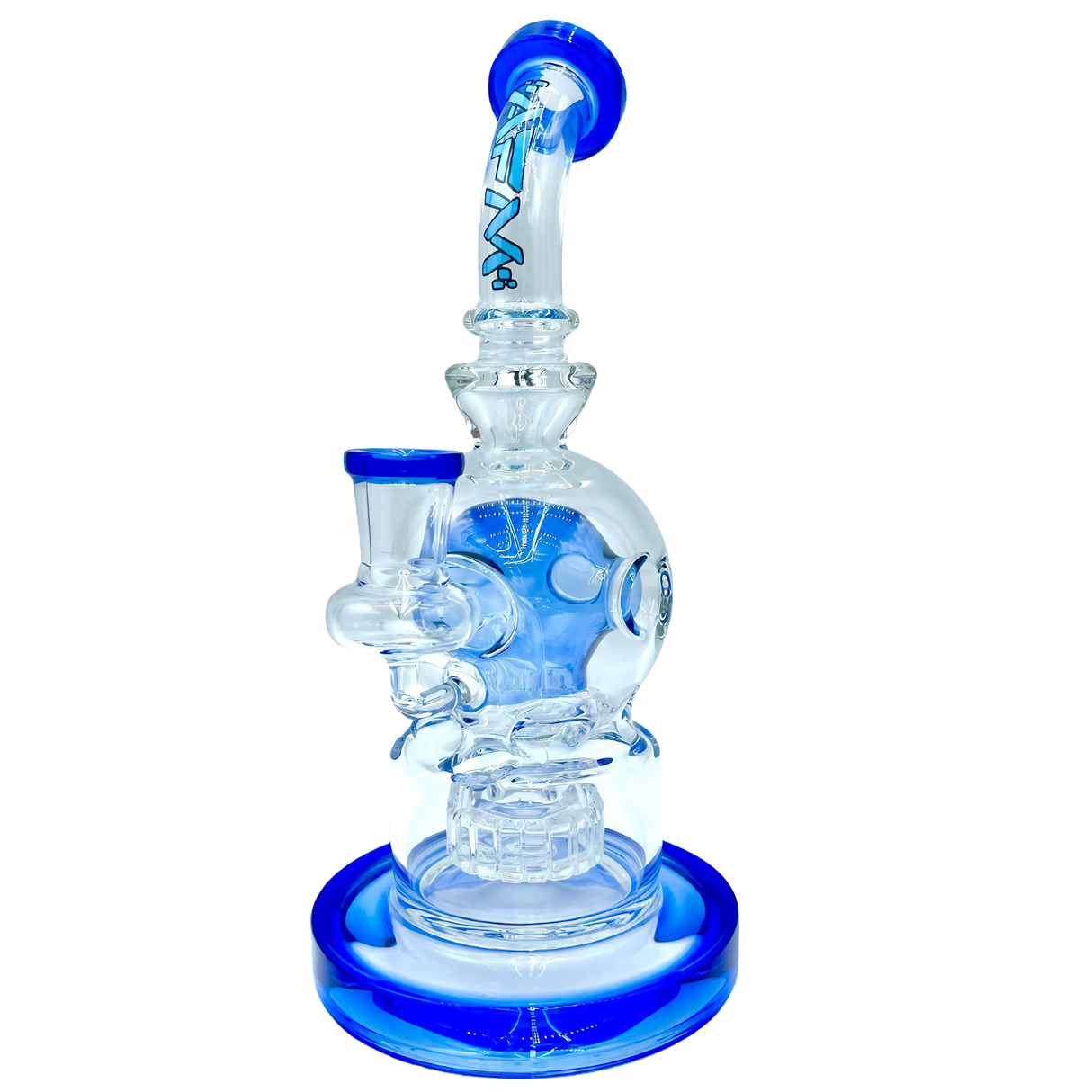 AFM The Swiss Shower-head Rig in Blue - 9" Glass Dab Rig with UFO Percolator, Front View