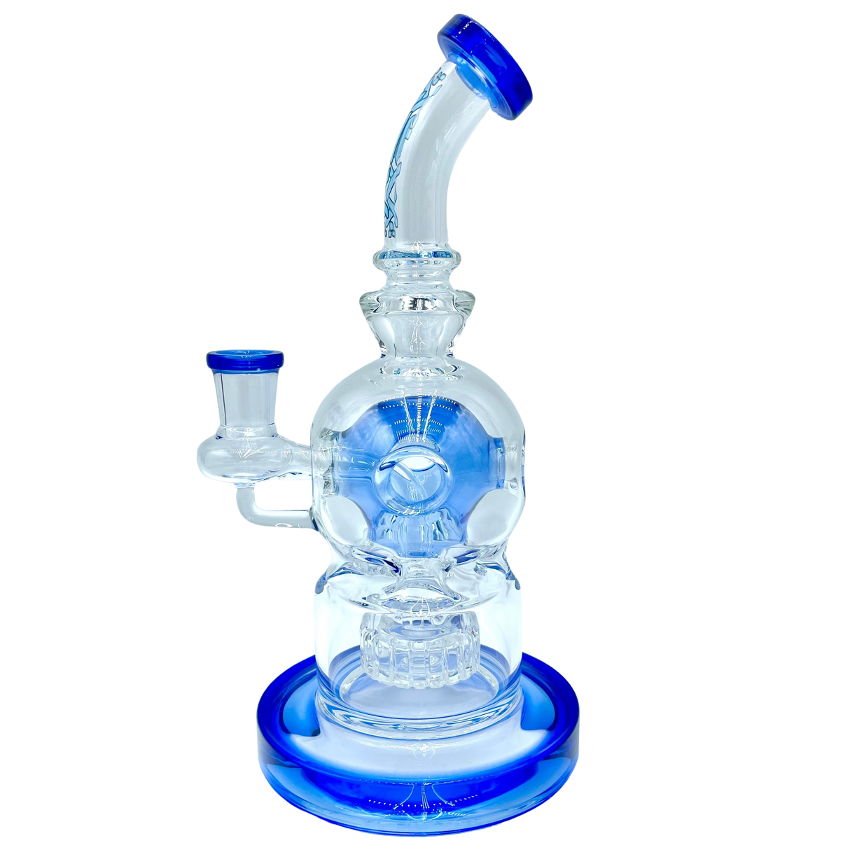 AFM The Swiss Shower-head Rig - 9" with a blue accented base and mouthpiece, front view on white background