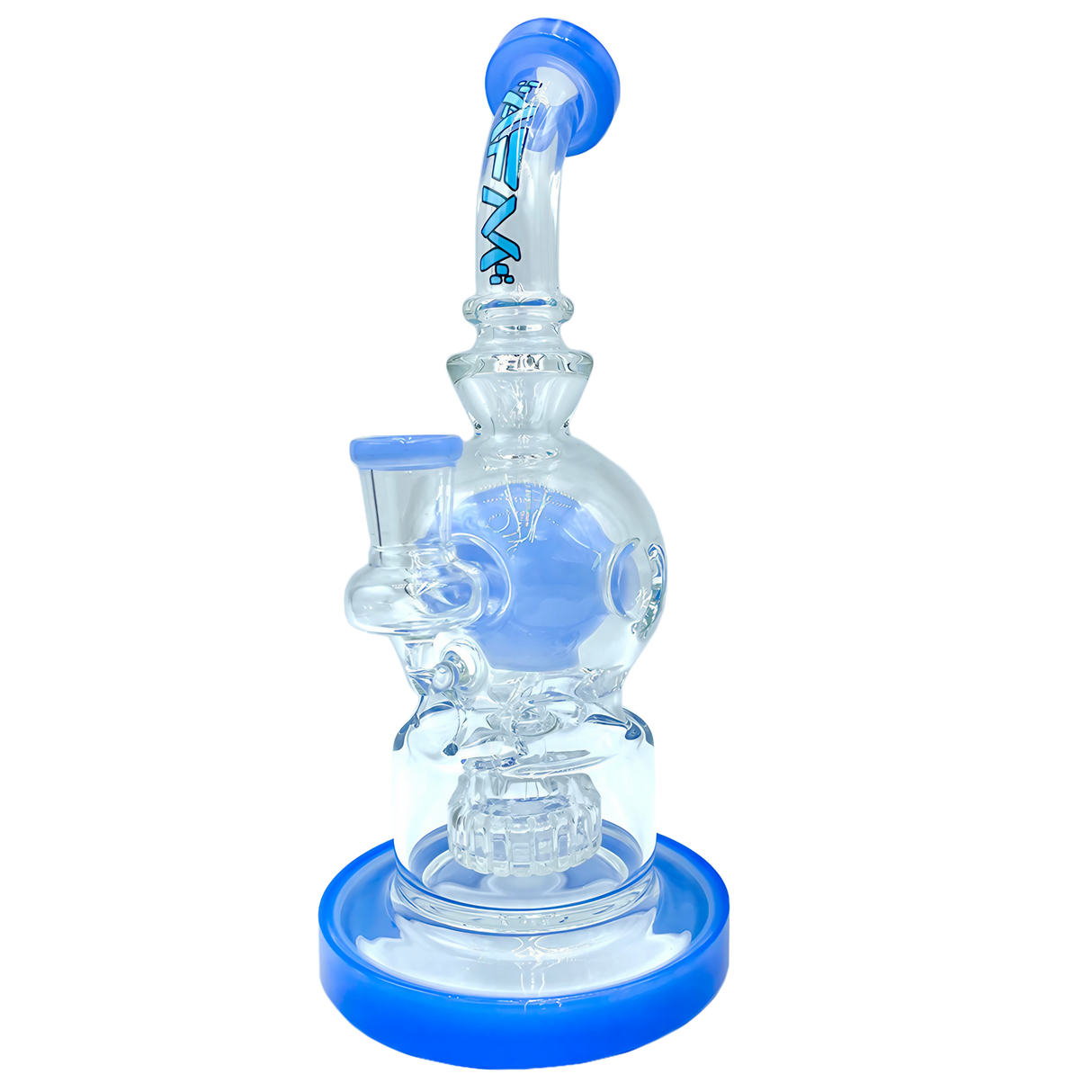 AFM The Swiss Shower-head Rig - 9" in Jade Blue with Glass on Glass Joint and UFO Percolator - Front View