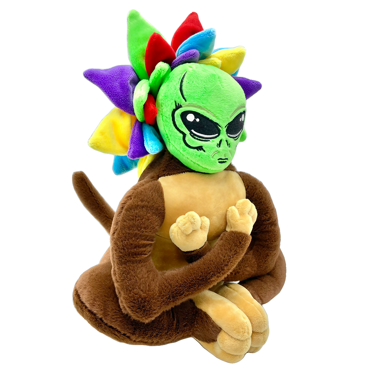 Plush toy of an alien hugging a tree, colorful design, perfect for quirky home decor