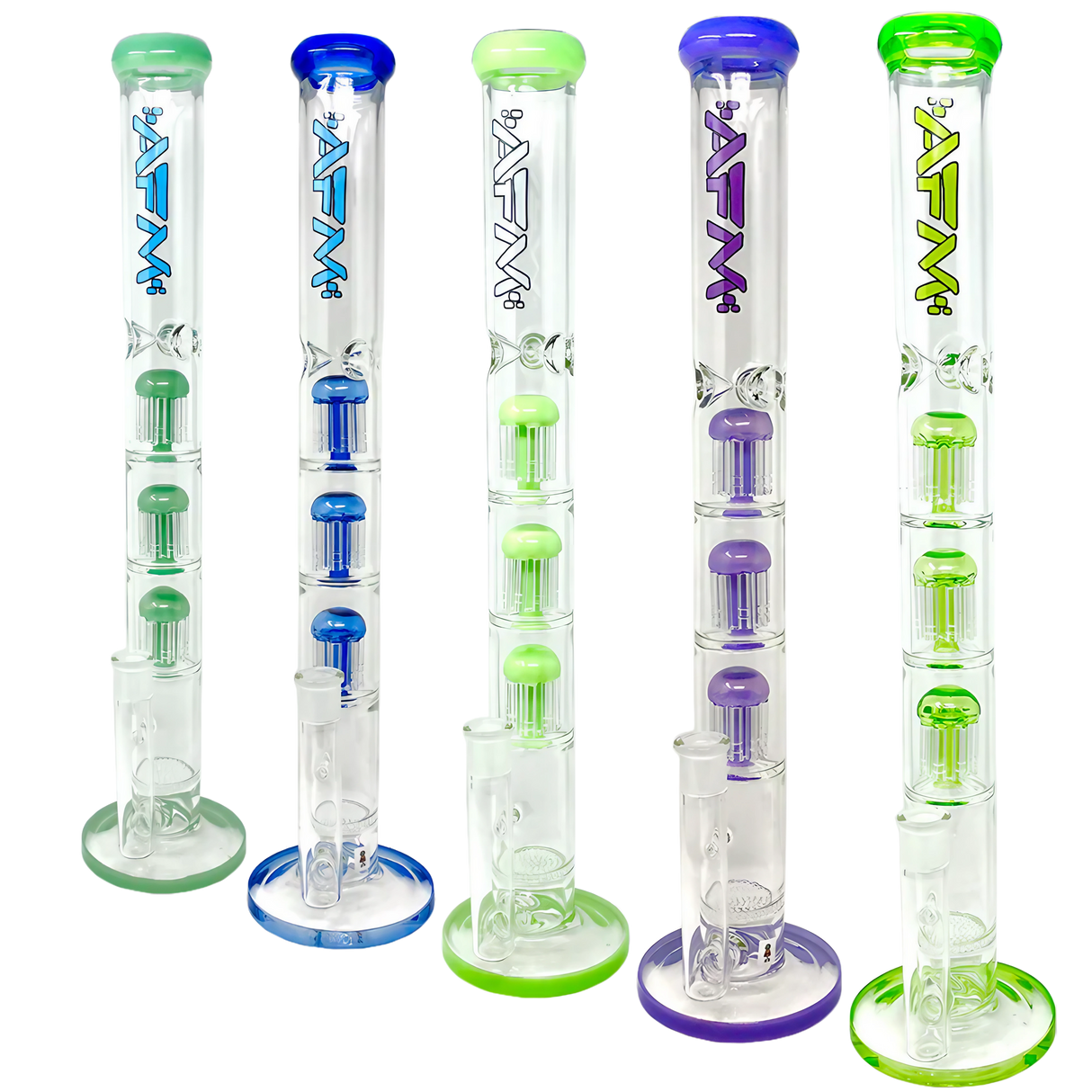 AFM Triple Ripper 21" clear glass bongs with colorful percolators, front view on white background