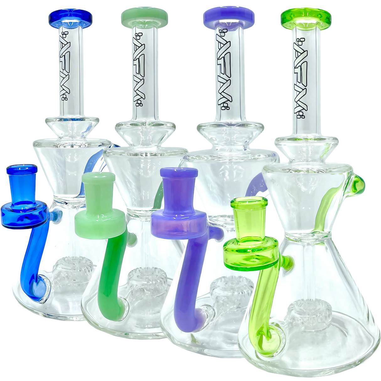 AFM The Tulip Recycler Dab Rigs in various colors with clear borosilicate glass and recycler percolator