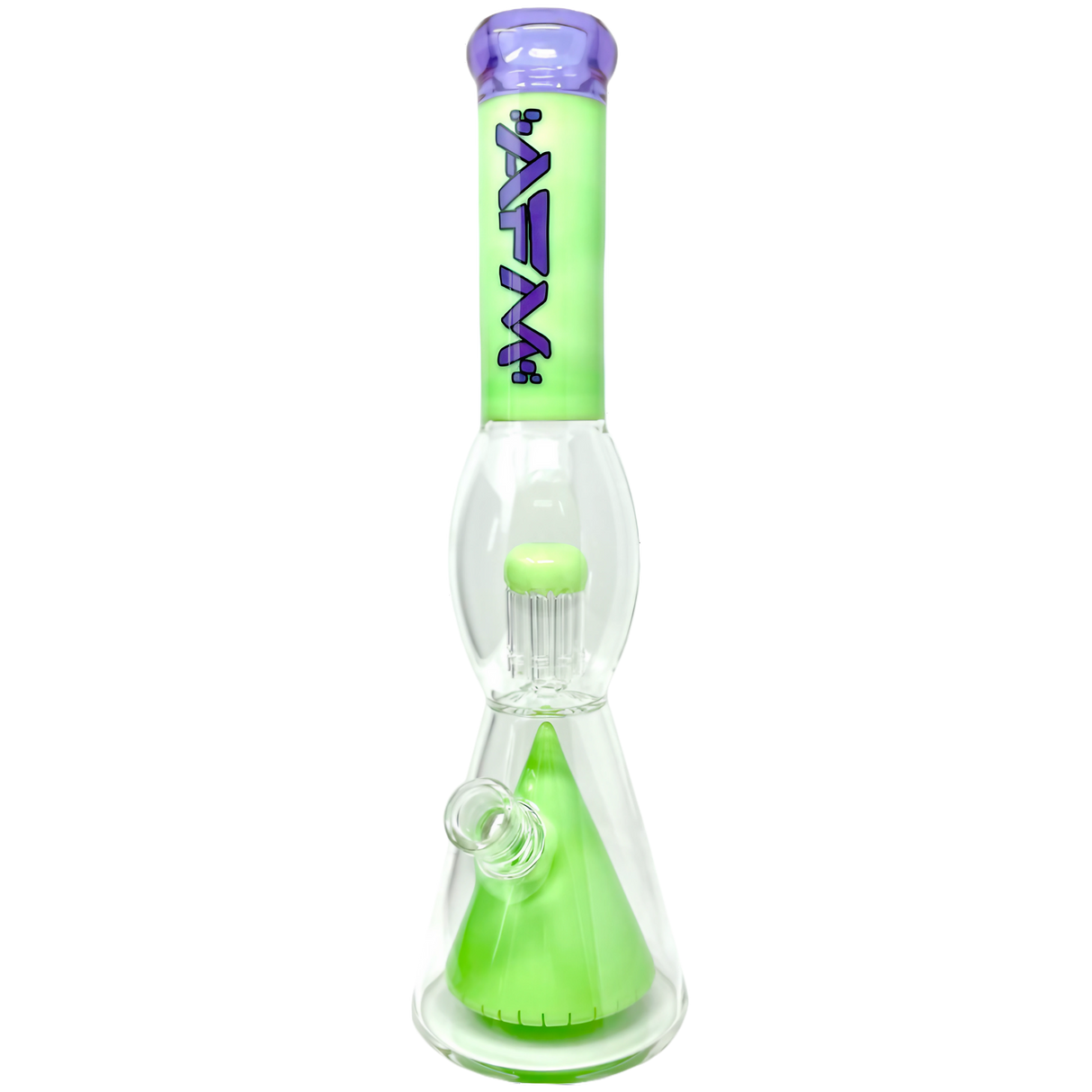 AFM Ufo Pyramid Beaker with 8 Arm Tree Perc, 16" tall, crafted from 7mm Borosilicate Glass, front view