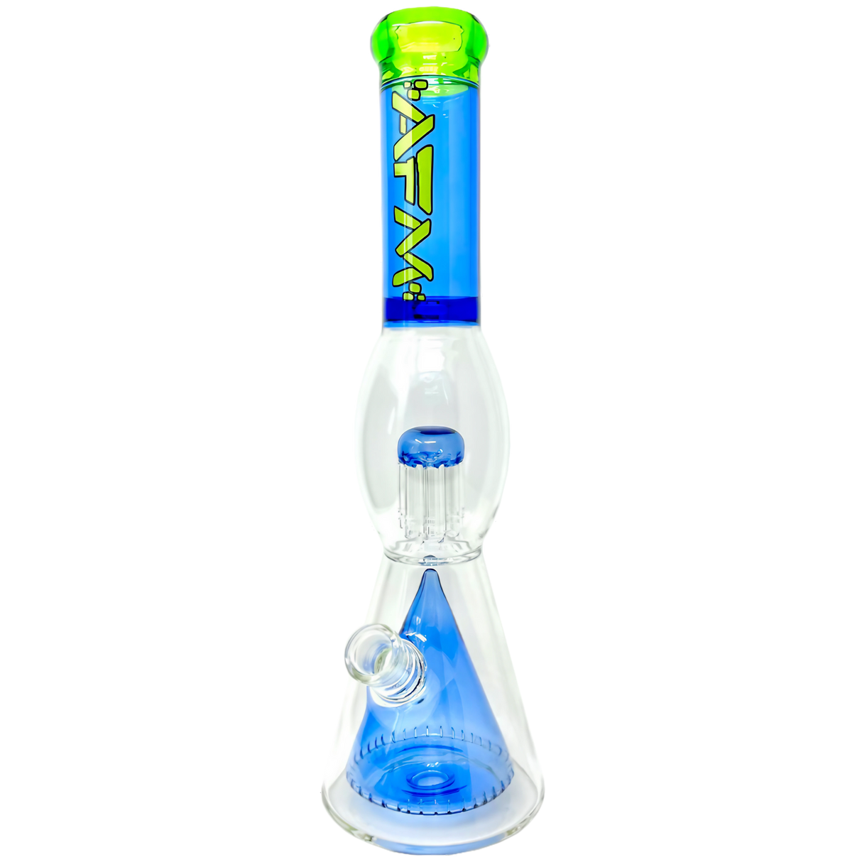 AFM Ufo Pyramid Beaker with 8 Arm Tree Perc, 16" tall, for dry herbs, front view on white background