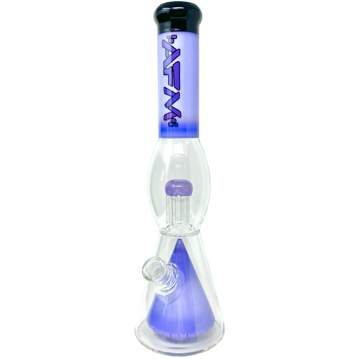 AFM Glass Beaker Bong with 8 Arm Tree Perc, 16" Tall, Borosilicate Glass, Front View on White Background