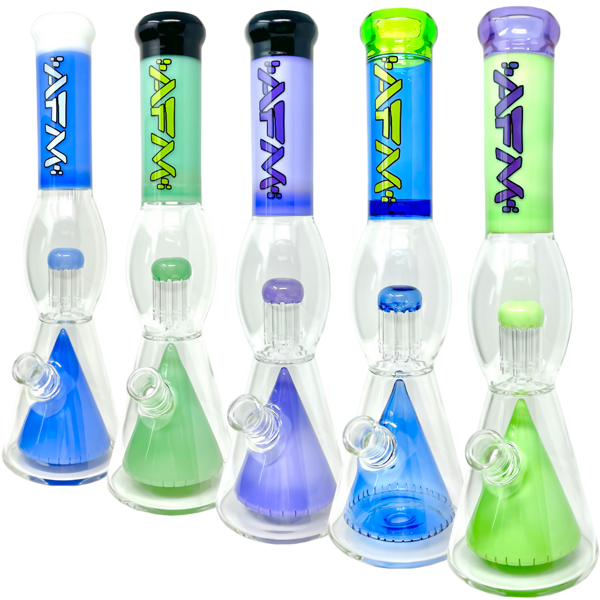 AFM Ufo Pyramid Beaker Bongs with 8 Arm Tree Perc, 16" tall, in assorted colors, front view