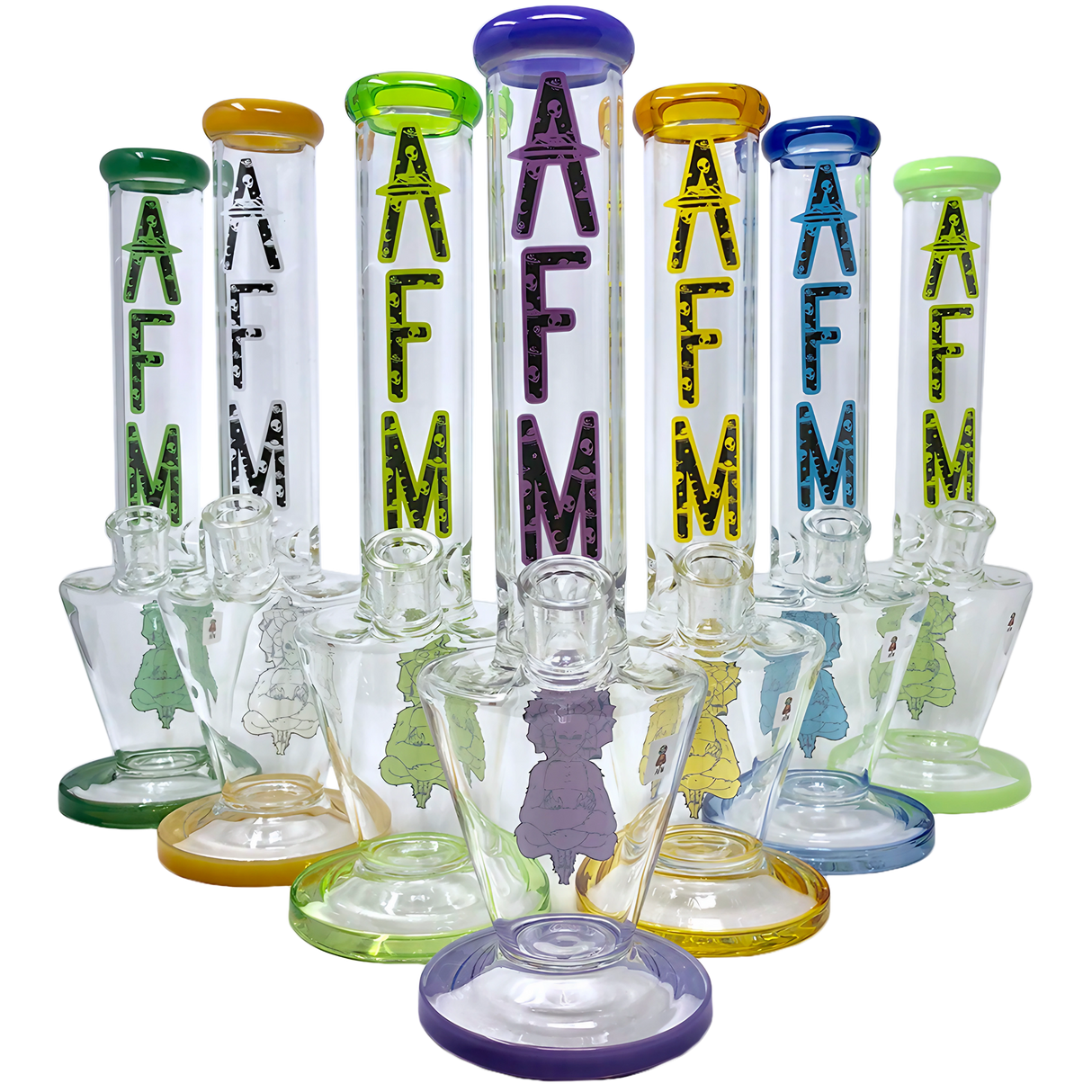 AFM Upsidedown Beaker Bongs with Color Lip, 18" Tall, Borosilicate Glass, Front View