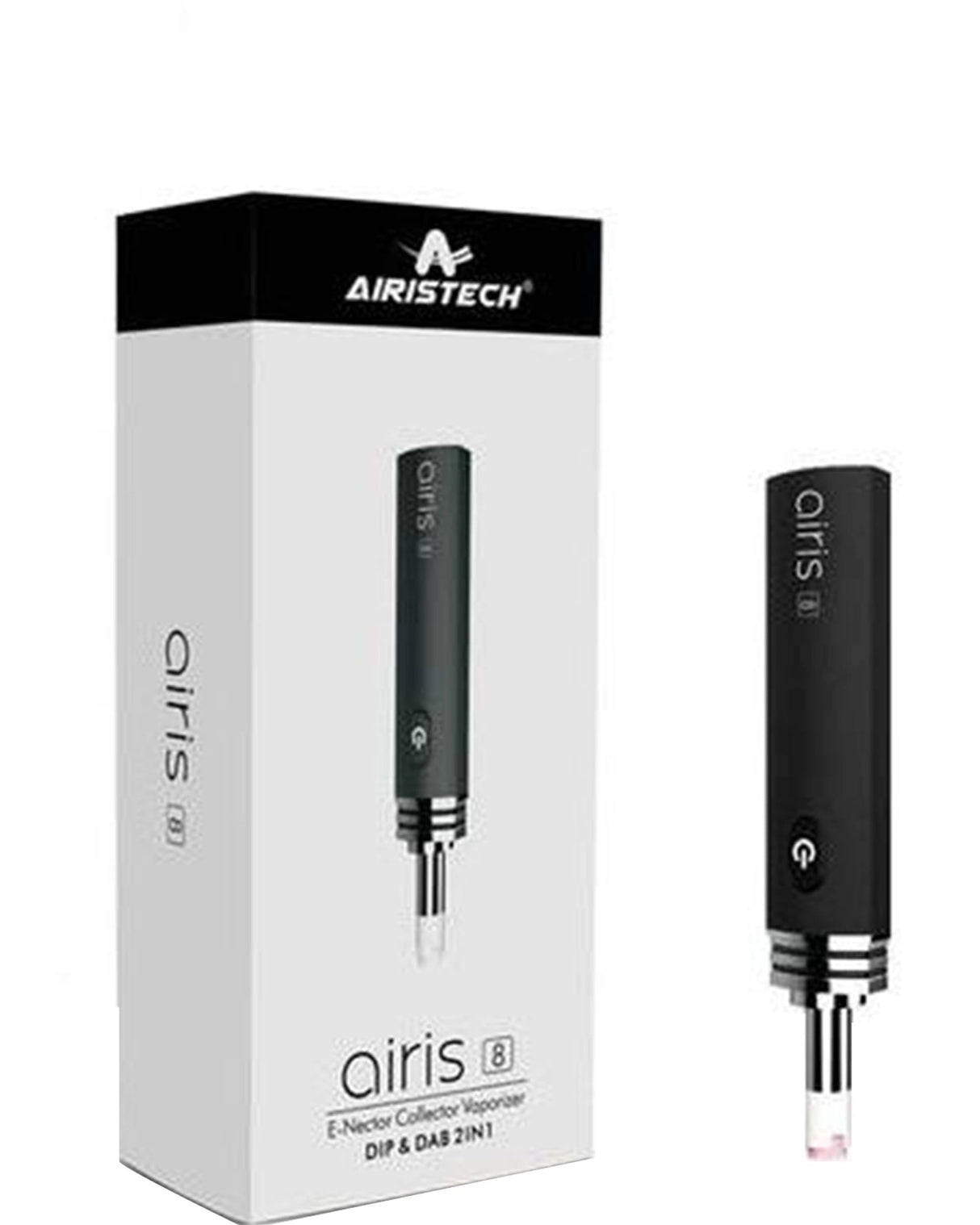Airistech Airis 8 Dip N Dab Vaporizer in Black, compact design with quartz coil, battery-powered, next to box