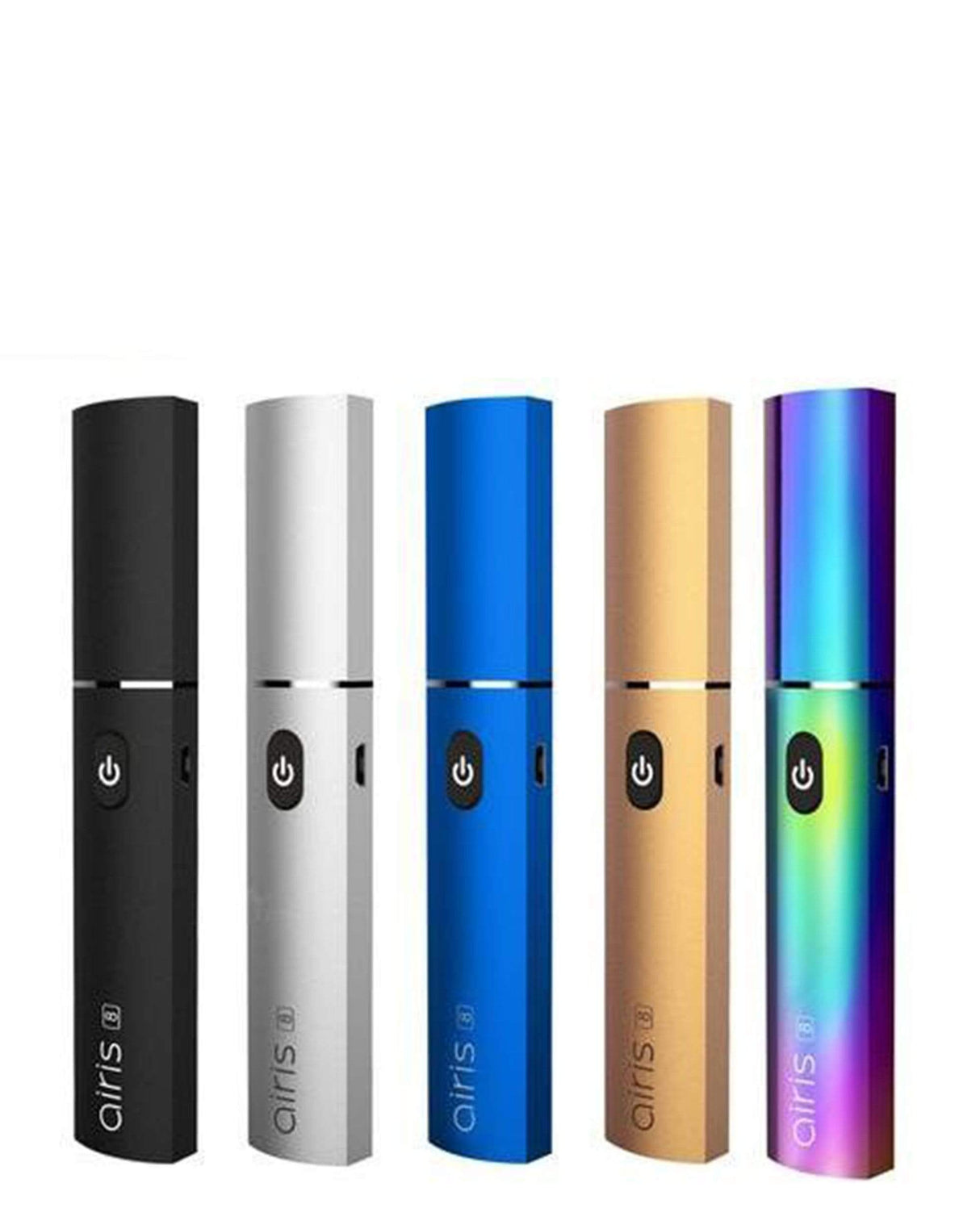 Airistech Airis 8 Dip N Dab vaporizers in black, silver, blue, gold, rainbow, front view