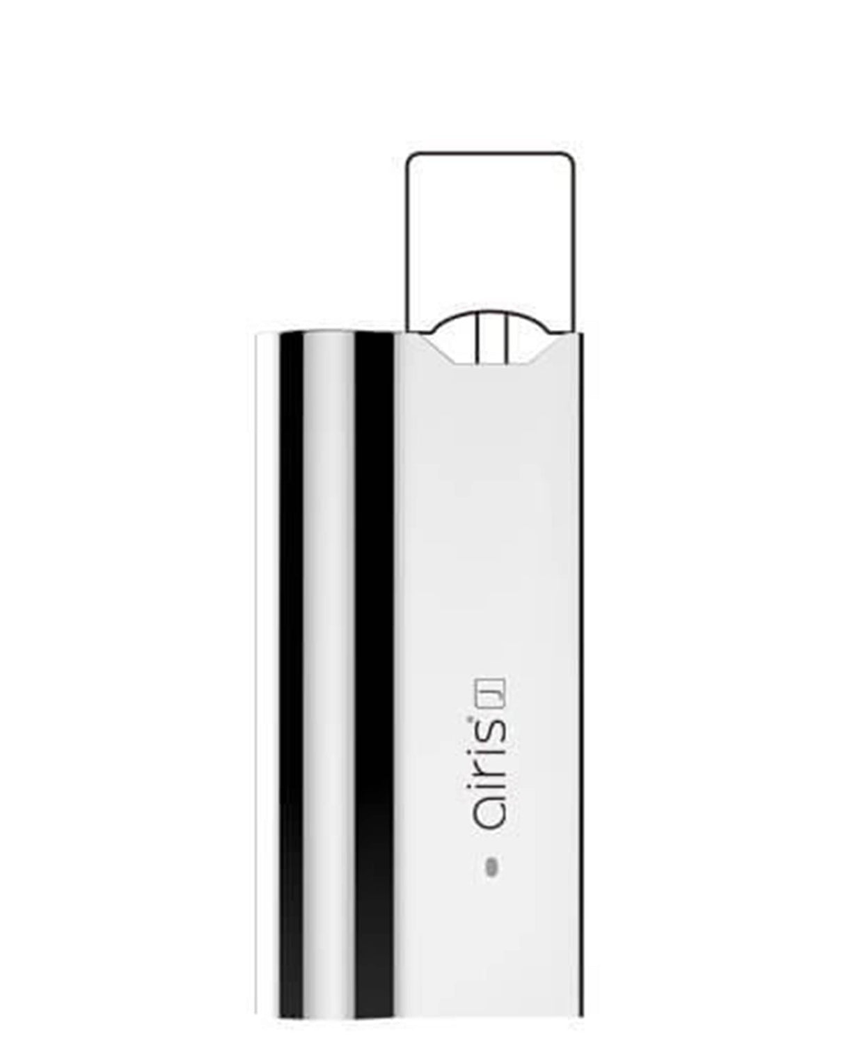Airistech Airis J Vaporizer in Silver, front view, compact design for e-juice and salt, portable zinc alloy body