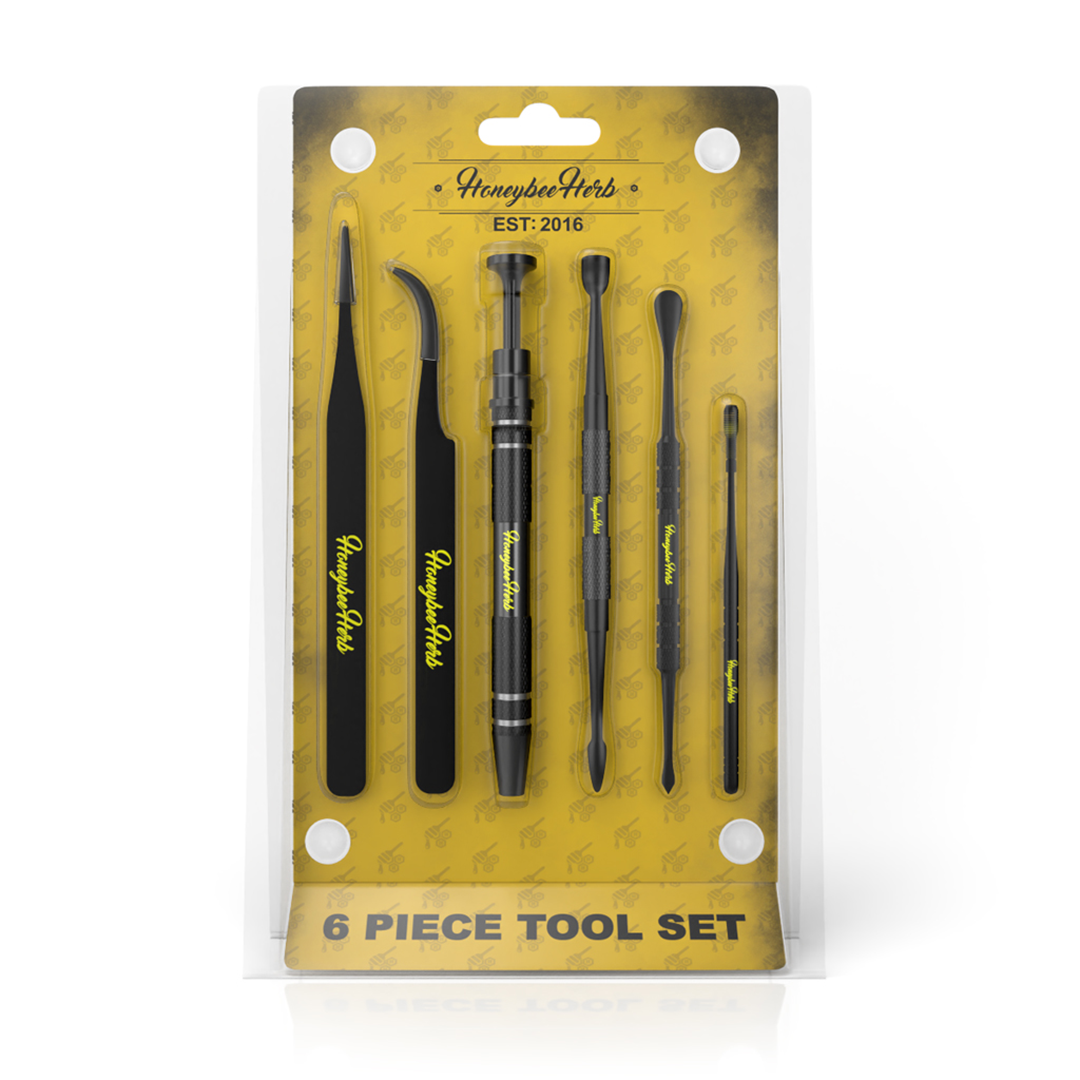 Honeybee Herb Stainless Dab Tools Set, 6 Pieces, Front View on Branded Packaging