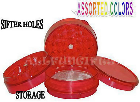 All Fun Gifts red acrylic grinder with sifter screen and magnet, compact and portable design