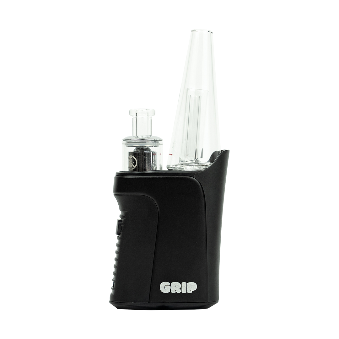 Randy's Grip Vaporizer with clear glass mouthpiece and ergonomic design - Front View