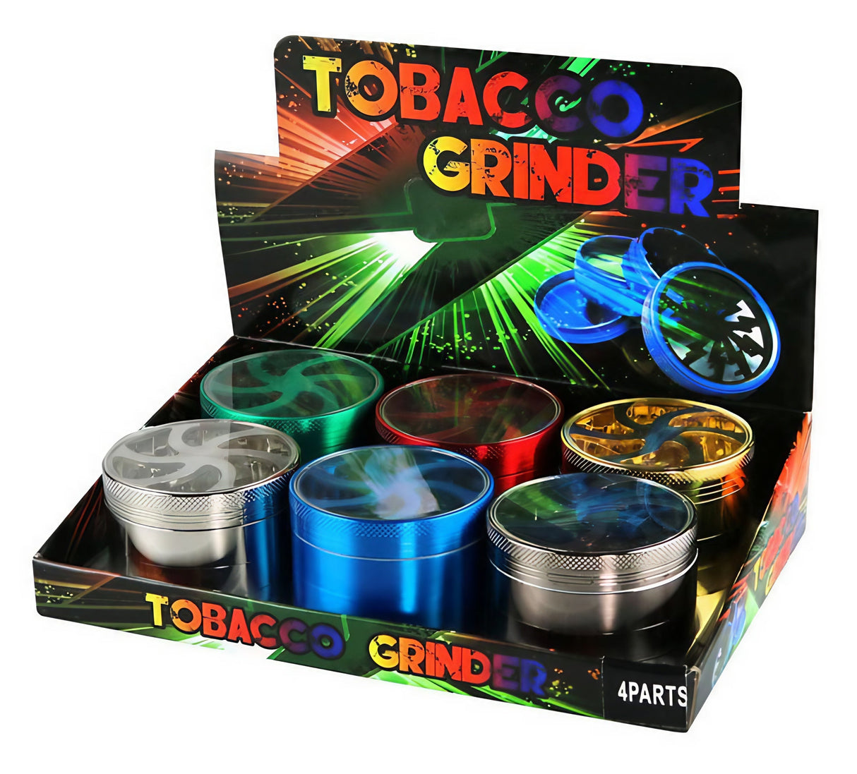 Assorted colors 6-pack of 4-part aluminum grinders for dry herbs, displayed in open box
