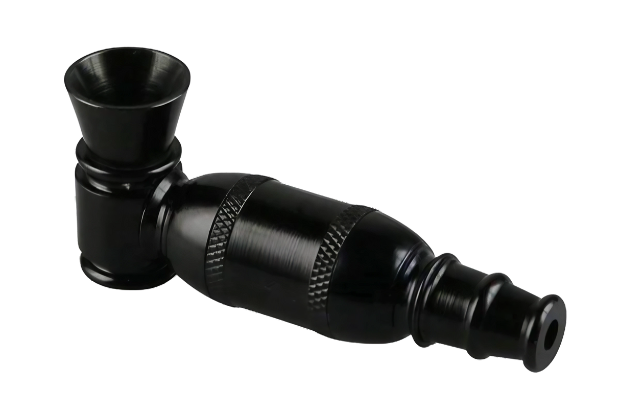 Compact black aluminum modular metal hand pipe for dry herbs, side view on white background