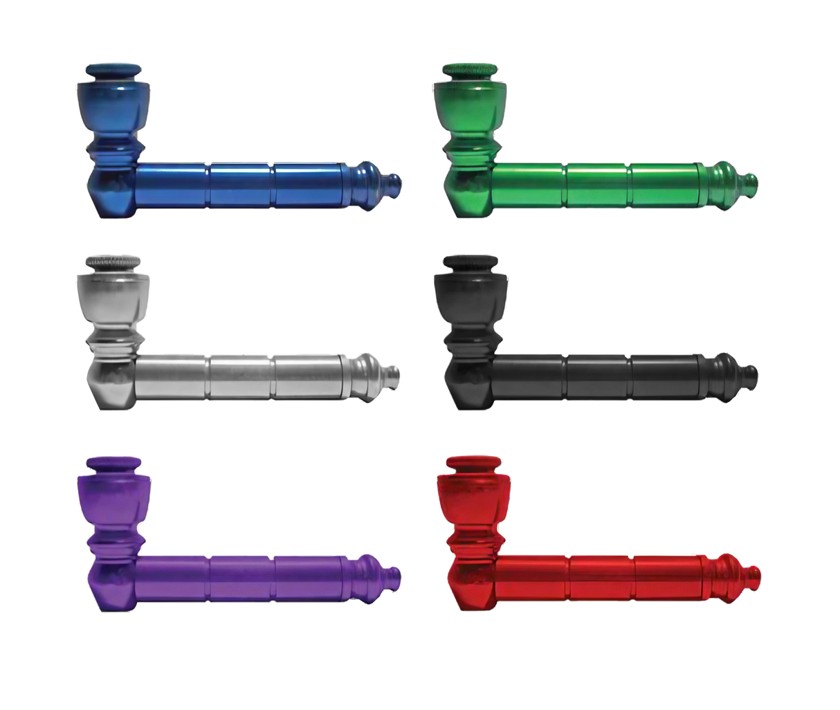 Assorted Aluminum Smoking Pipes with Lids in various colors, top view, for dry herbs, 3.25" length