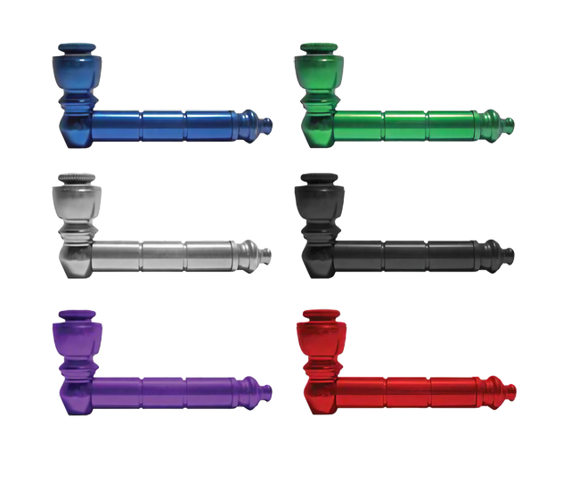 Assorted Aluminum Smoking Pipes with Lids in various colors, top view, for dry herbs, 3.25" length