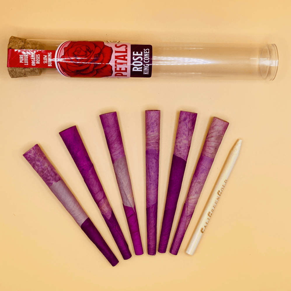 PETALS Amour Rose Petal King Cones 6 Pack displayed with tube on yellow background