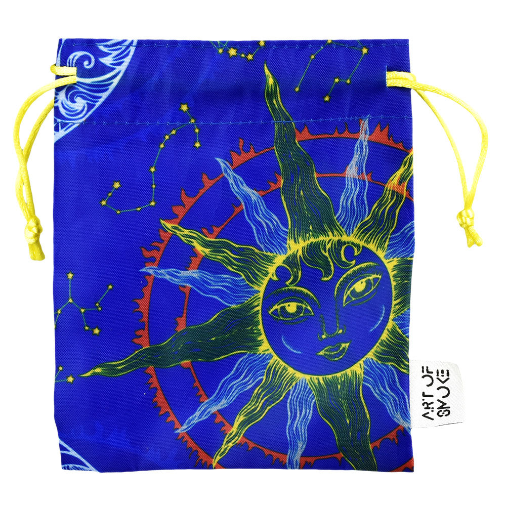 Art of Smoke Moon Ceramic Pipe in a vibrant blue carry bag with celestial design, perfect for travel