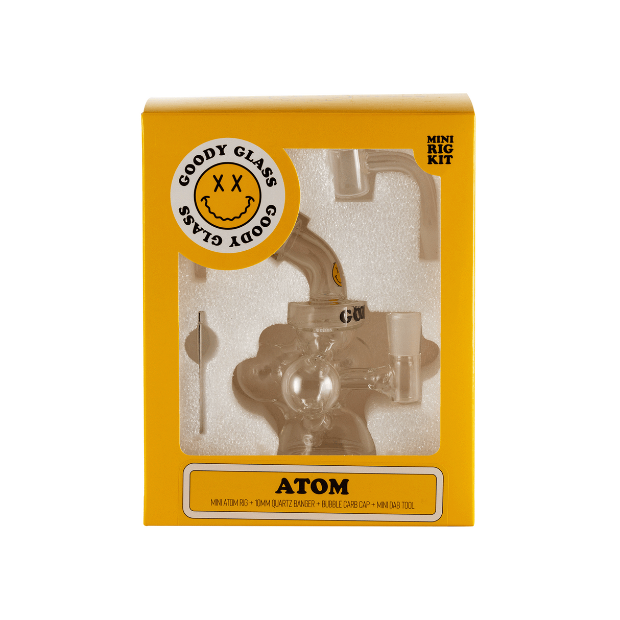 Goody Glass Atom Mini Dab Rig Kit in packaging, front view, compact design for easy use