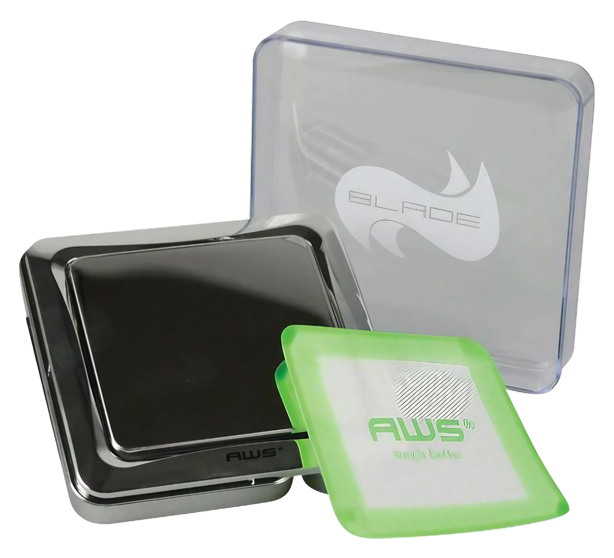 AWS Blade Scale with green silicone mat, 1000g capacity, compact design, angled view