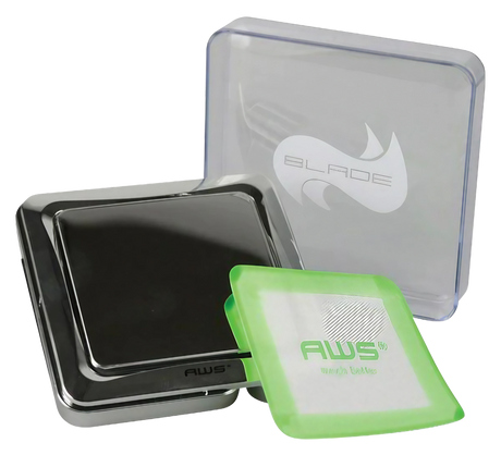 AWS Blade Scale with green silicone mat, 1000g capacity, compact design, angled view