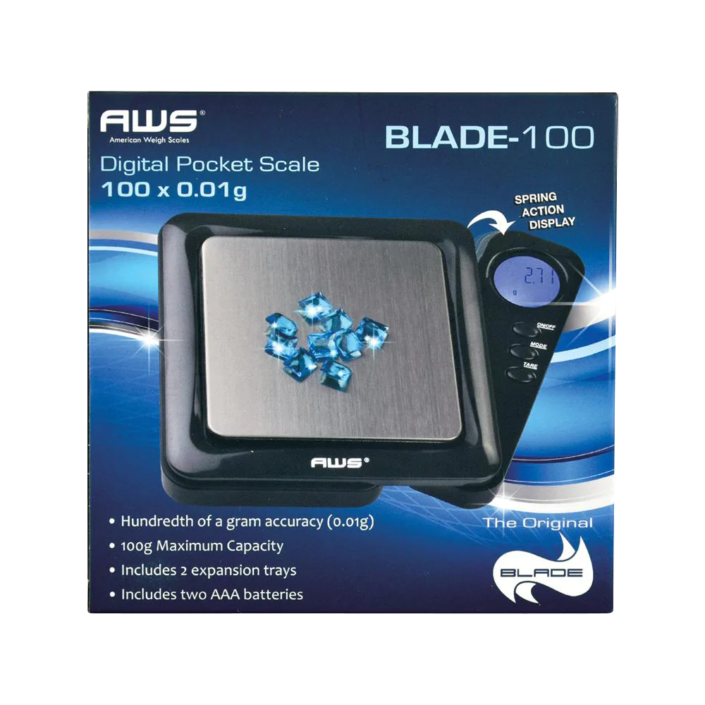 AWS Blade-100 Digital Pocket Scale with 0.01g accuracy and blue crystals on tray, front view