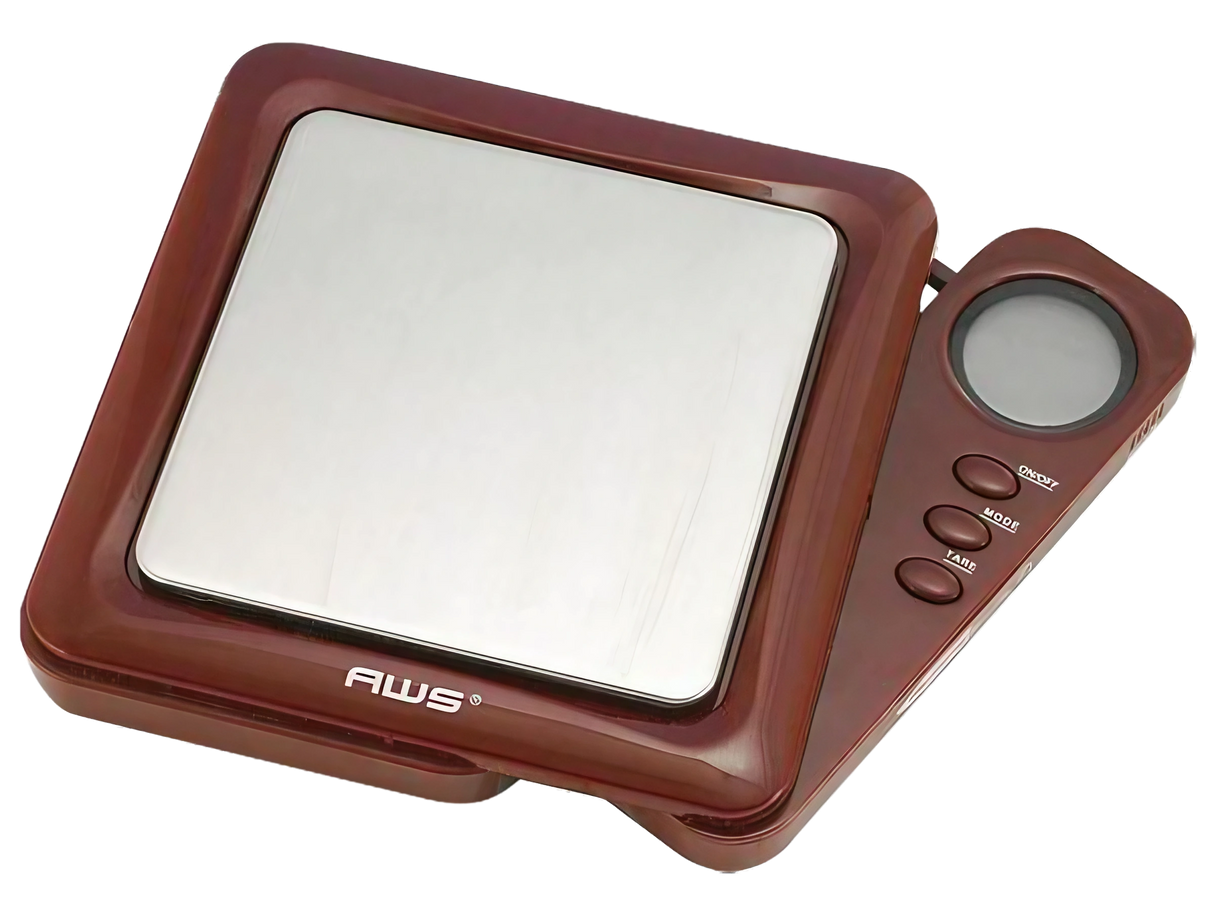 AWS Blade Style Digital Scale in Brown, 100g x 0.01g accuracy, portable design with pop-out tray, battery-powered