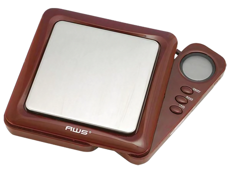 AWS Blade Style Digital Scale in Brown, 100g x 0.01g accuracy, portable design with pop-out tray, battery-powered