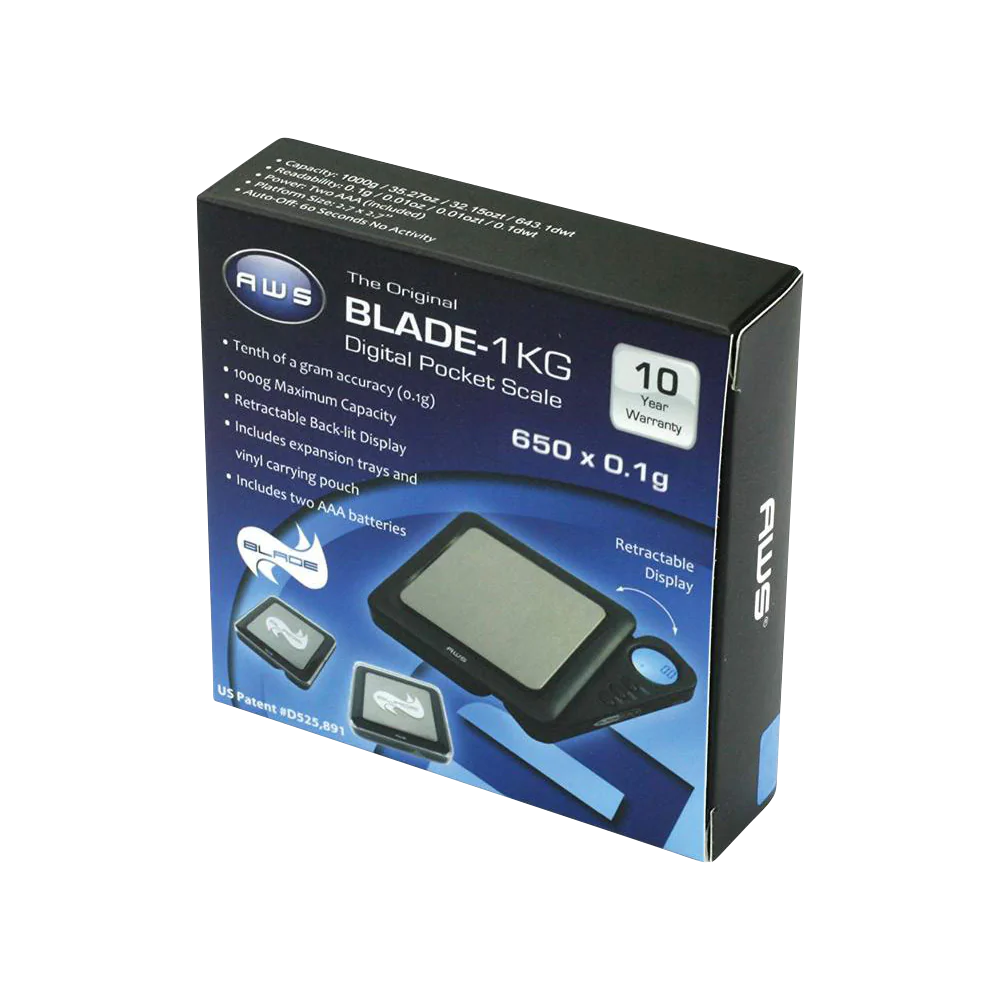 AWS Blade-1KG Digital Scale with retractable display and vinyl carrying pouch, front view