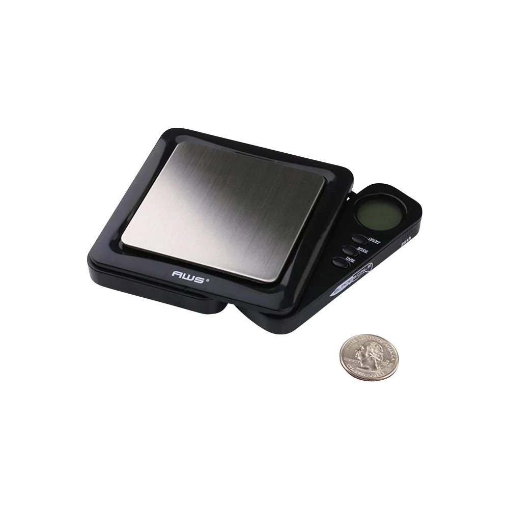 AWS Blade Style Digital Scale in black, portable design with stainless steel tray, battery powered, side view