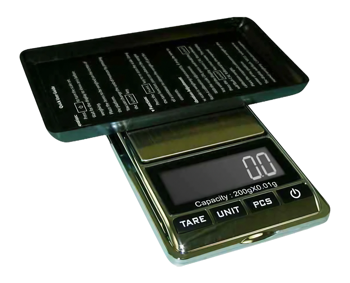 AWS Chrome Digital Scale open view, 200g x 0.01g accuracy, compact and portable design