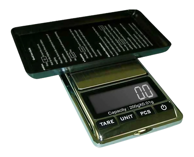 AWS Chrome Digital Scale open view, 200g x 0.01g accuracy, compact and portable design