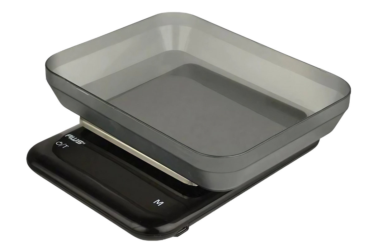 AWS Rechargeable Digital Kitchen Scale in black, 5000g x 0.1g, portable design with clear bowl, top view