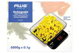 AWS Rechargeable Digital Scale, 5000g x 0.1g, Black, USB Charging, Top View with Pasta