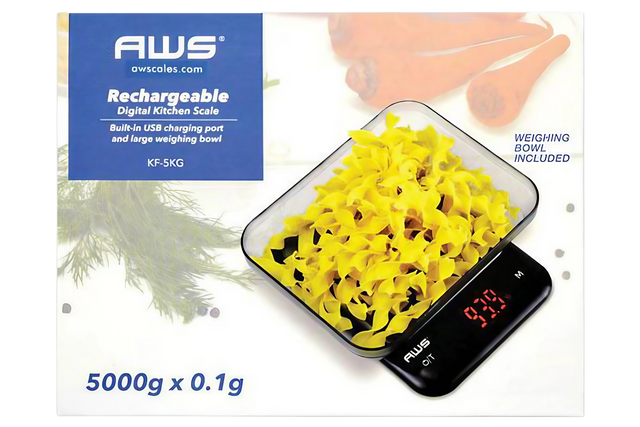 AWS Rechargeable Digital Scale, 5000g x 0.1g, Black, USB Charging, Top View with Pasta