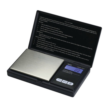 AWS Series Digital Scale, 1000g x 0.1g, Black, portable design with blue backlit display, open front view