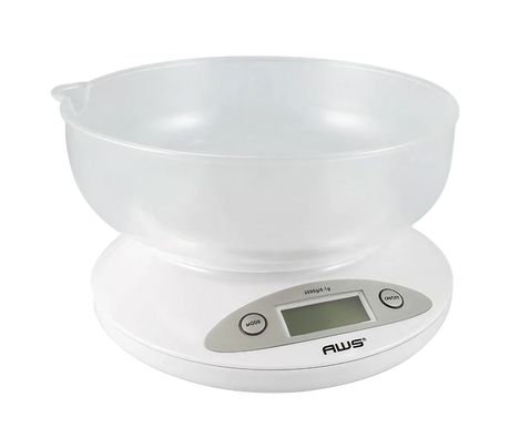 AWS Digital Scale with clear bowl tray, 2000g capacity, front view on white background