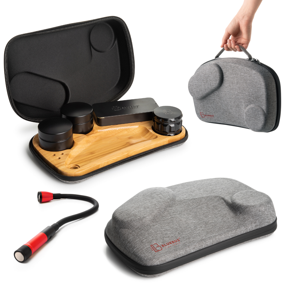 BLAZE Wooden Stash Rolling Tray set with metal grinders and a portable, zippered, gray carrying case