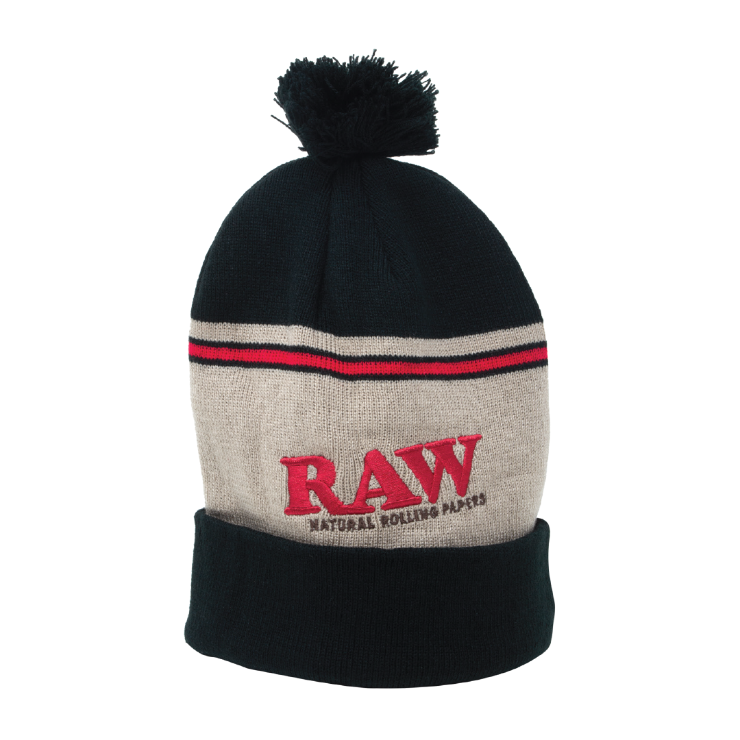 RAW Branded Pompom Hat in Brown with Classic Logo, Front View on White Background