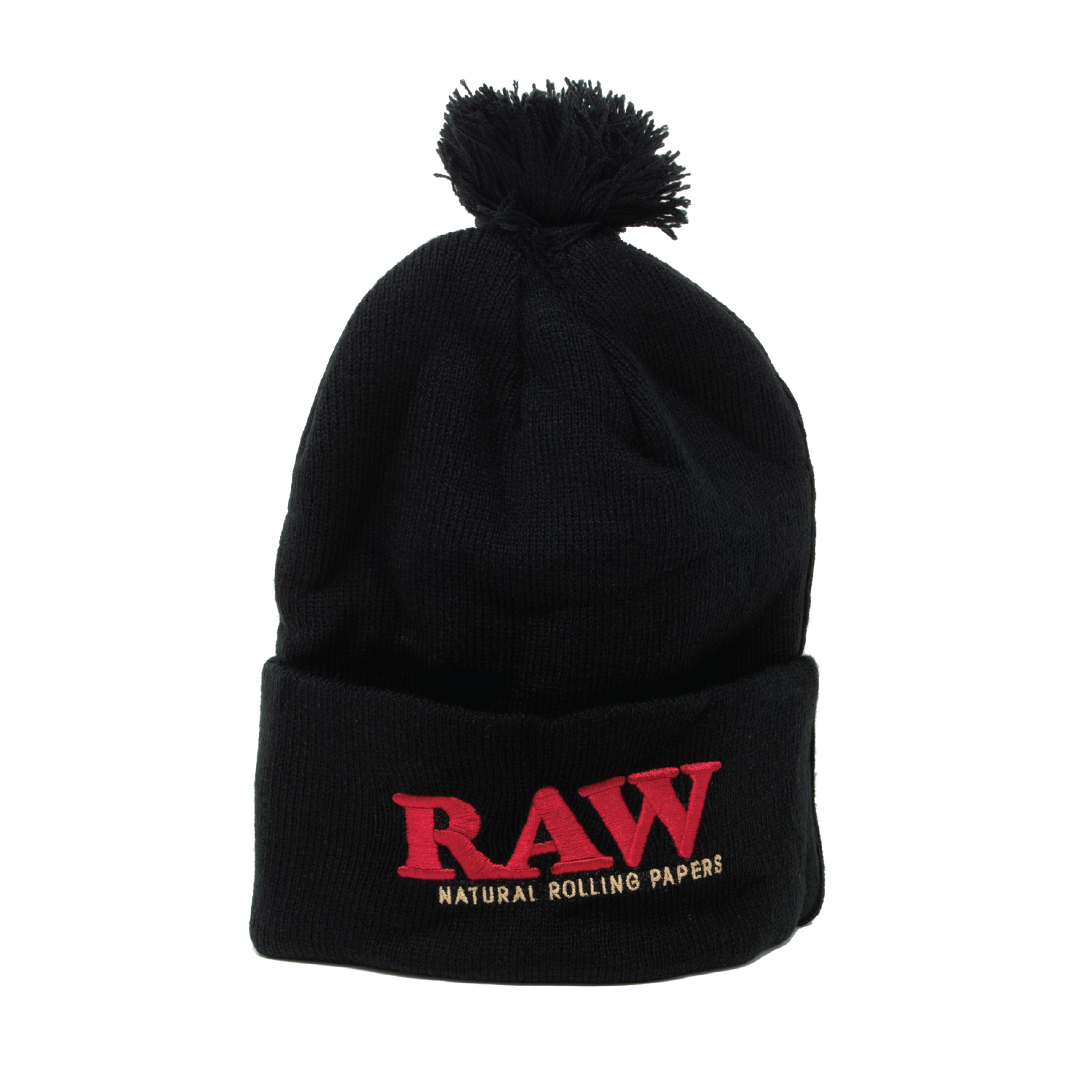RAW Branded Pompom Beanie in Black, Front View with Embroidered Logo, Classic Cotton Material