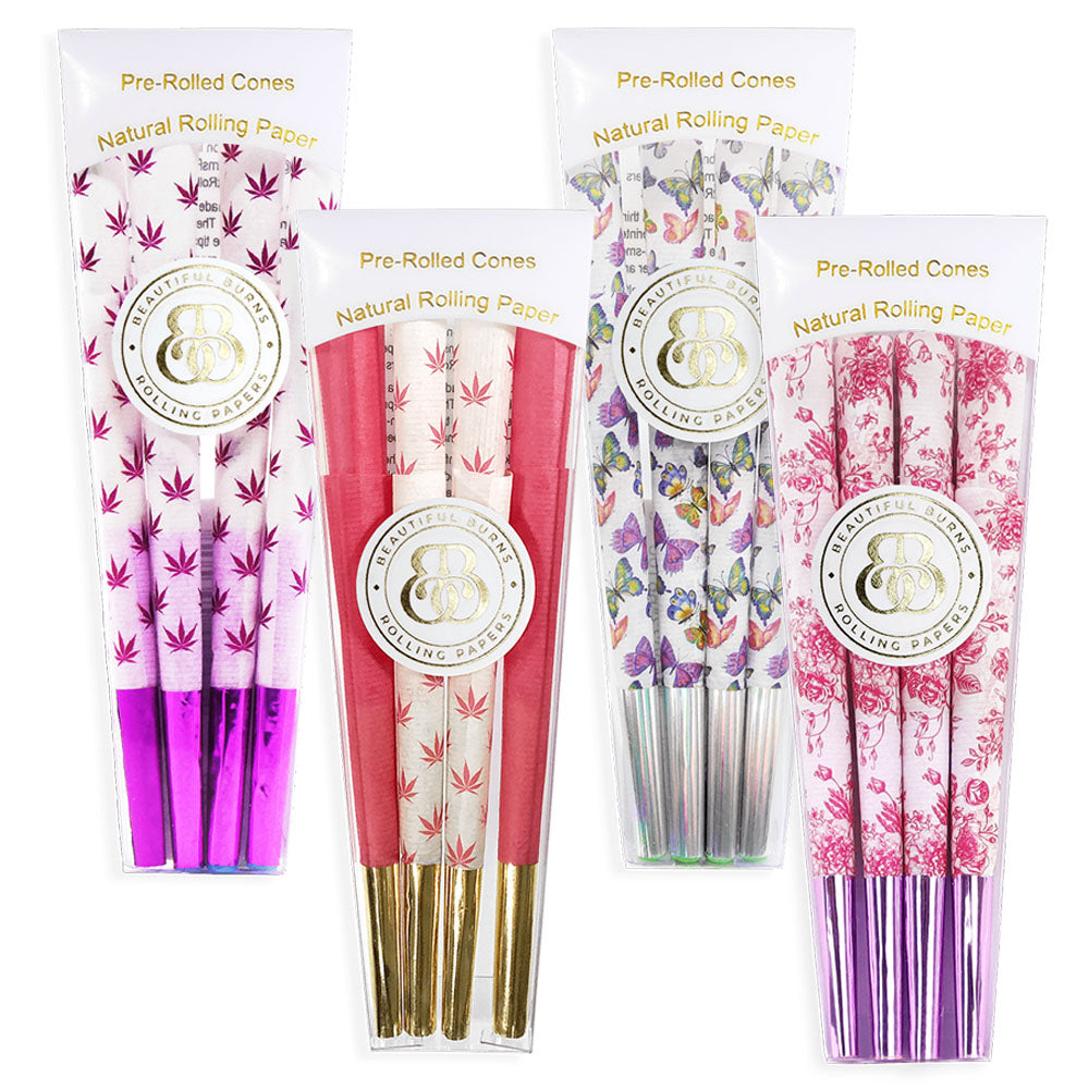 Assorted Beautiful Burns Pre-Rolled Cones 8pk with fun & novelty designs, front view on white background