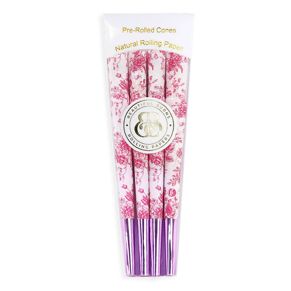 Beautiful Burns Pre-Rolled Cones 8pk with Pink Floral Design for Dry Herbs, Front View