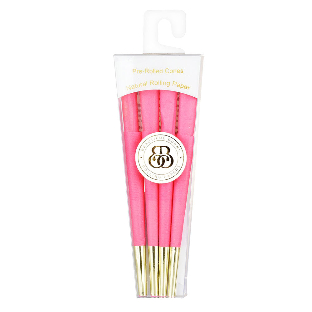 Beautiful Burns Pre-Rolled Cones 8pk in pink with gold tips, front view, for dry herbs