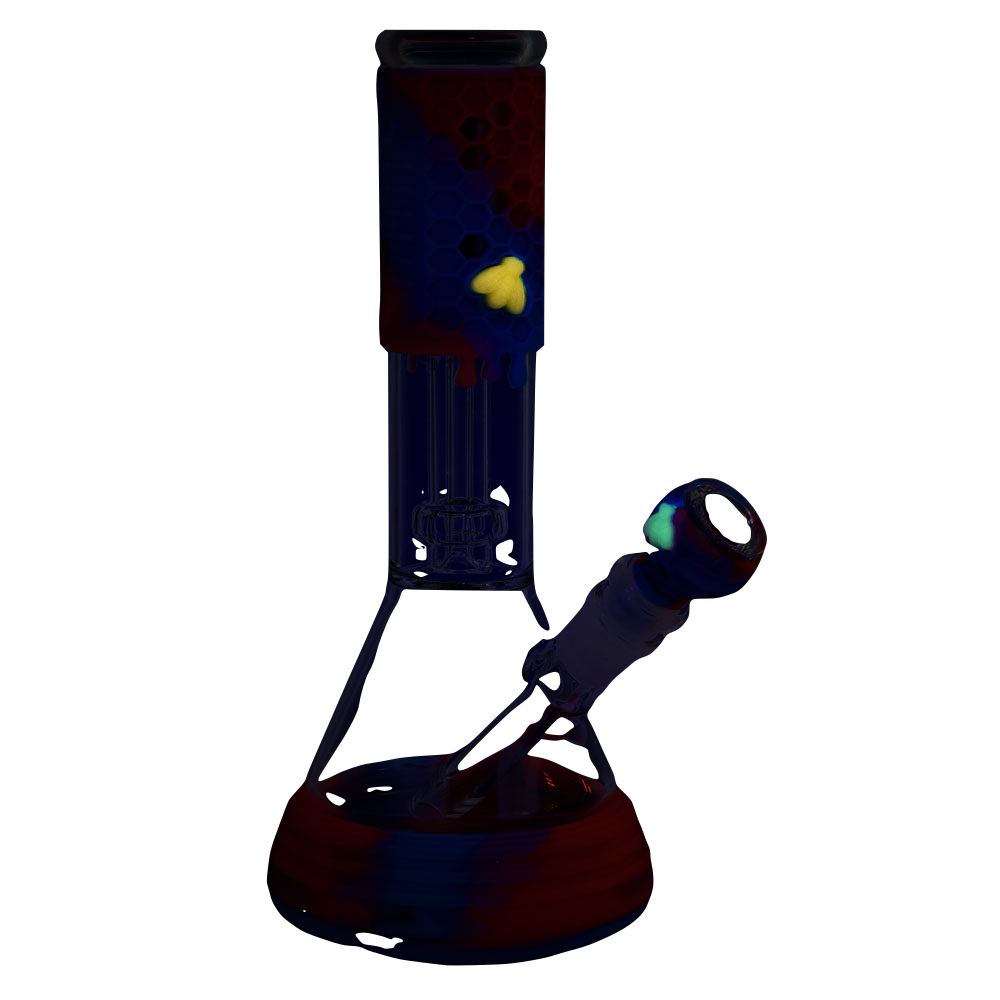 UV reactive silicone and glass beaker water pipe with honeycomb design and percolator, 10" height